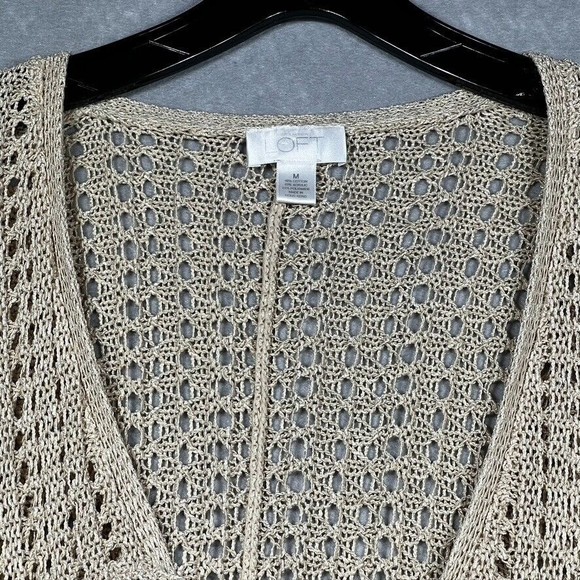 Loft Crochet Knit Tan Cardigan Sweater Open Front Tunic Length Women’s Size: M - Picture 2 of 10